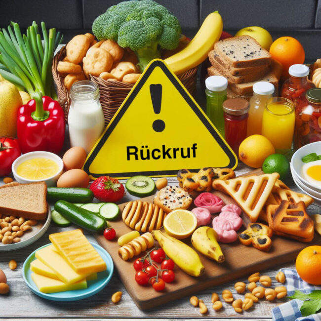 Verschiedene Lebensmittel auf einem Tisch mit einem Warnschild Rückruf