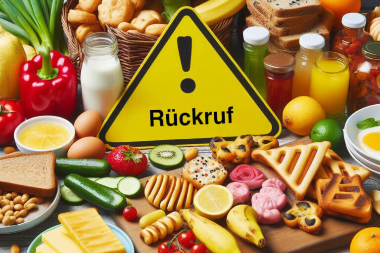 Verschiedene Lebensmittel auf einem Tisch mit einem Warnschild Rückruf